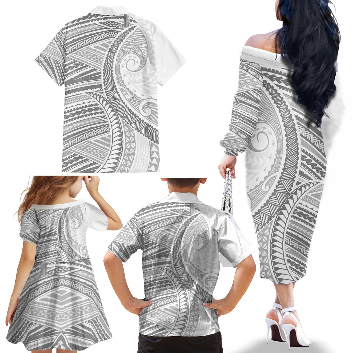 American Samoa White Sunday Family Matching Off The Shoulder Long Sleeve Dress and Hawaiian Shirt Polynesian Lotu Tamaiti LT9 - Polynesian Pride