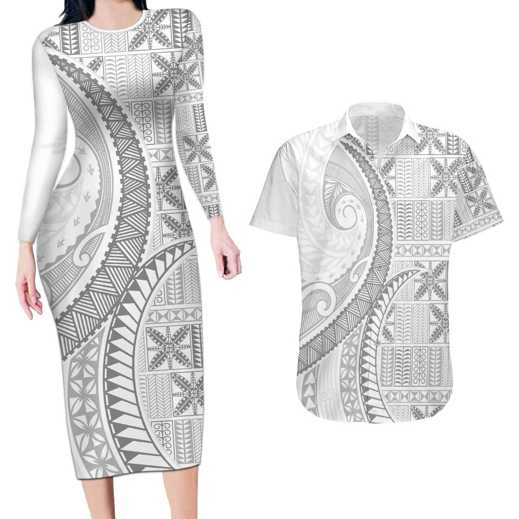 Niue White Sunday Couples Matching Long Sleeve Bodycon Dress and Hawaiian Shirt Niuean Lotu Tamaiti Hiapo Pattern LT9 White - Polynesian Pride
