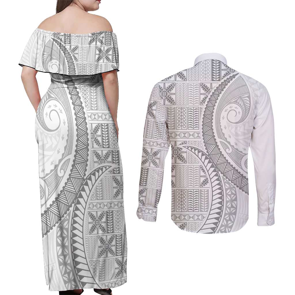 Niue White Sunday Couples Matching Off Shoulder Maxi Dress and Long Sleeve Button Shirt Niuean Lotu Tamaiti Hiapo Pattern - Polynesian Pride