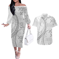Niue White Sunday Couples Matching Off The Shoulder Long Sleeve Dress and Hawaiian Shirt Niuean Lotu Tamaiti Hiapo Pattern LT9 White - Polynesian Pride