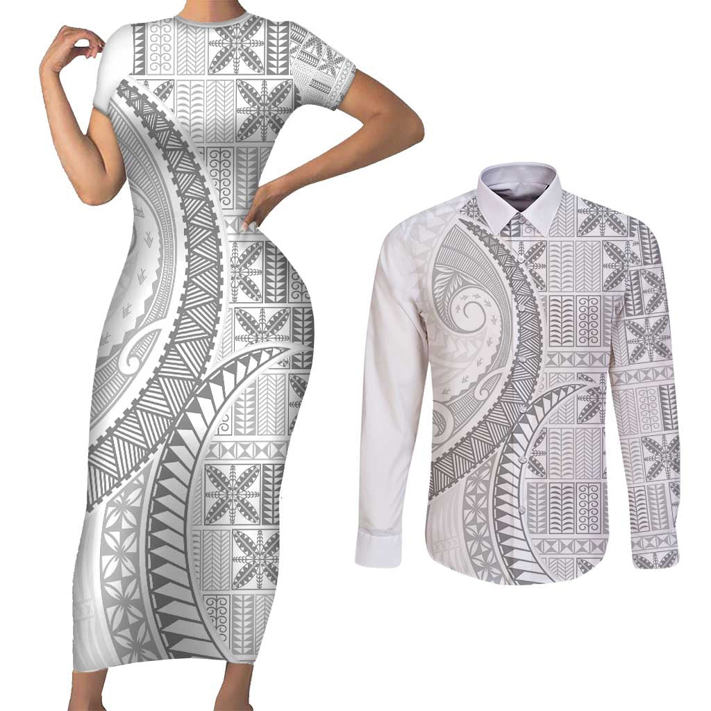 Niue White Sunday Couples Matching Short Sleeve Bodycon Dress and Long Sleeve Button Shirt Niuean Lotu Tamaiti Hiapo Pattern LT9 White - Polynesian Pride