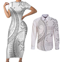 Niue White Sunday Couples Matching Short Sleeve Bodycon Dress and Long Sleeve Button Shirt Niuean Lotu Tamaiti Hiapo Pattern LT9 White - Polynesian Pride