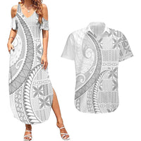 Niue White Sunday Couples Matching Summer Maxi Dress and Hawaiian Shirt Niuean Lotu Tamaiti Hiapo Pattern LT9 White - Polynesian Pride