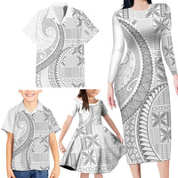 Niue White Sunday Family Matching Long Sleeve Bodycon Dress and Hawaiian Shirt Niuean Lotu Tamaiti Hiapo Pattern LT9 - Polynesian Pride