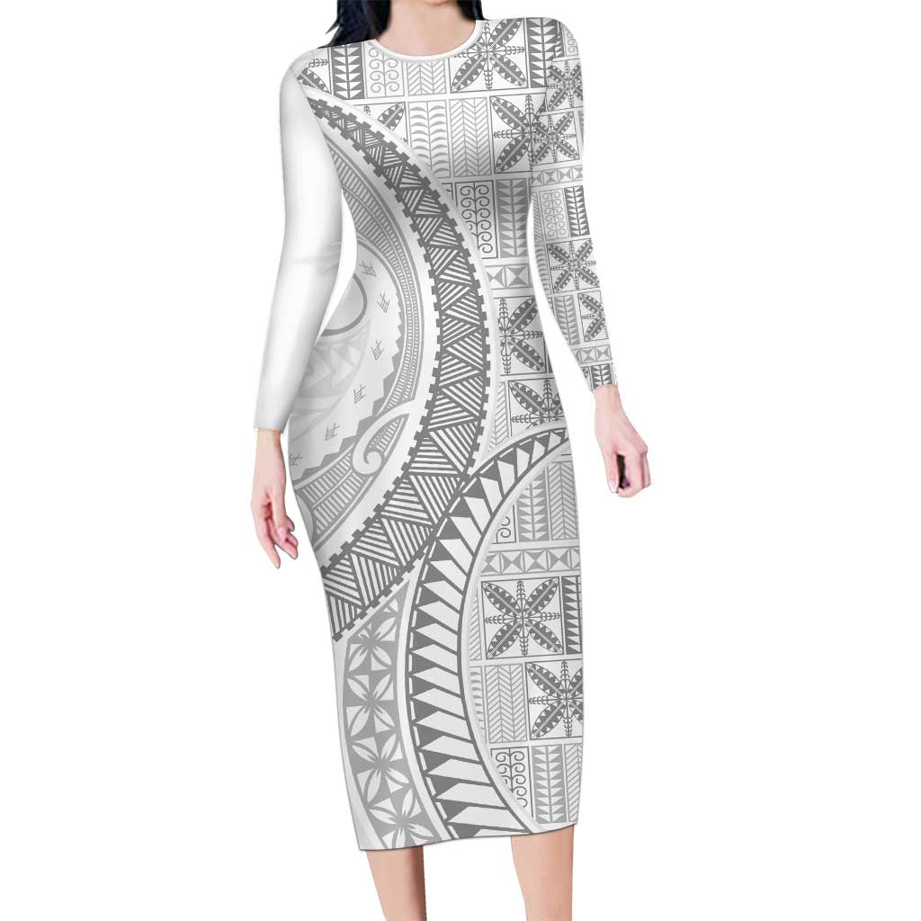 Niue White Sunday Family Matching Long Sleeve Bodycon Dress and Hawaiian Shirt Niuean Lotu Tamaiti Hiapo Pattern LT9 Mom's Dress White - Polynesian Pride