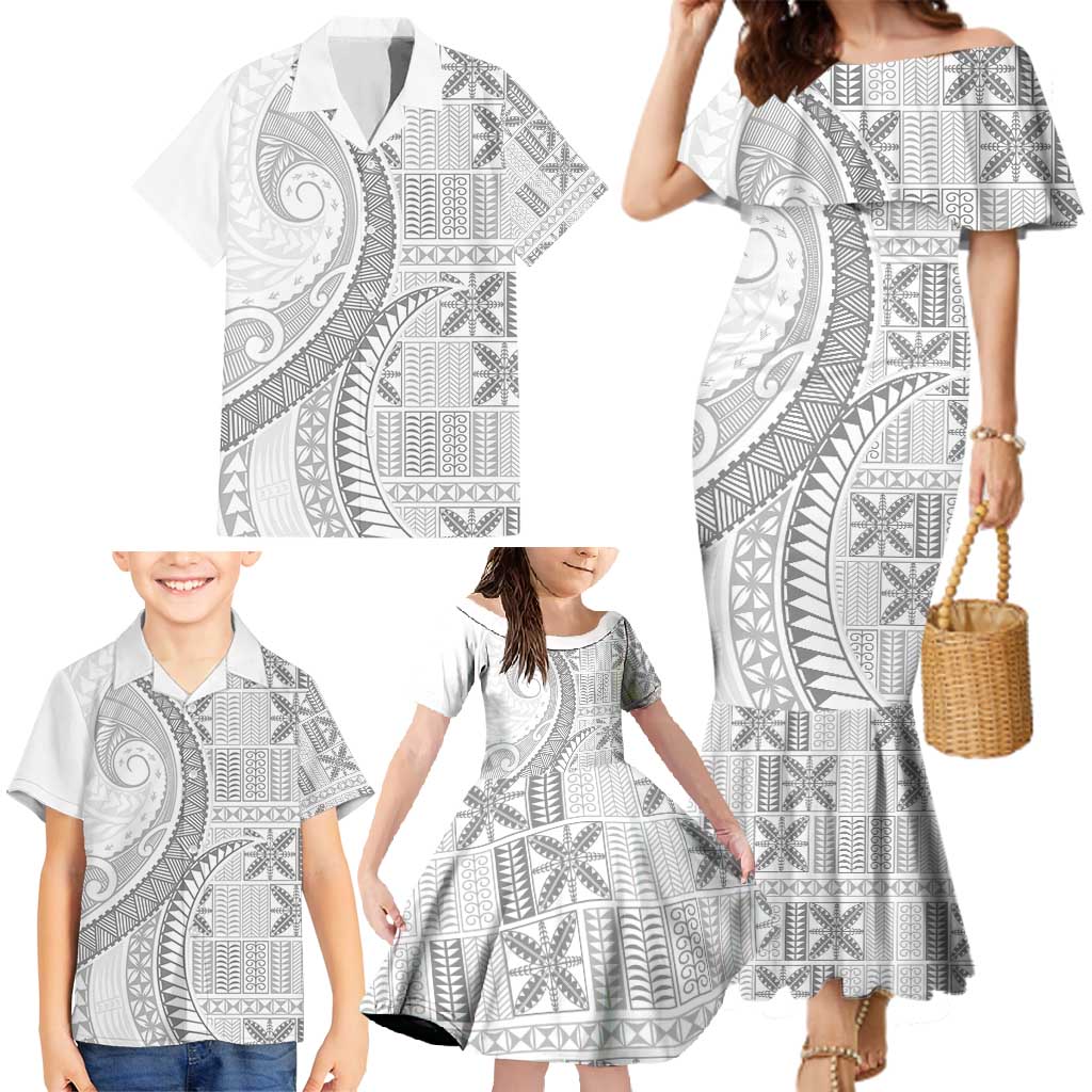 Niue White Sunday Family Matching Mermaid Dress and Hawaiian Shirt Niuean Lotu Tamaiti Hiapo Pattern LT9 - Polynesian Pride