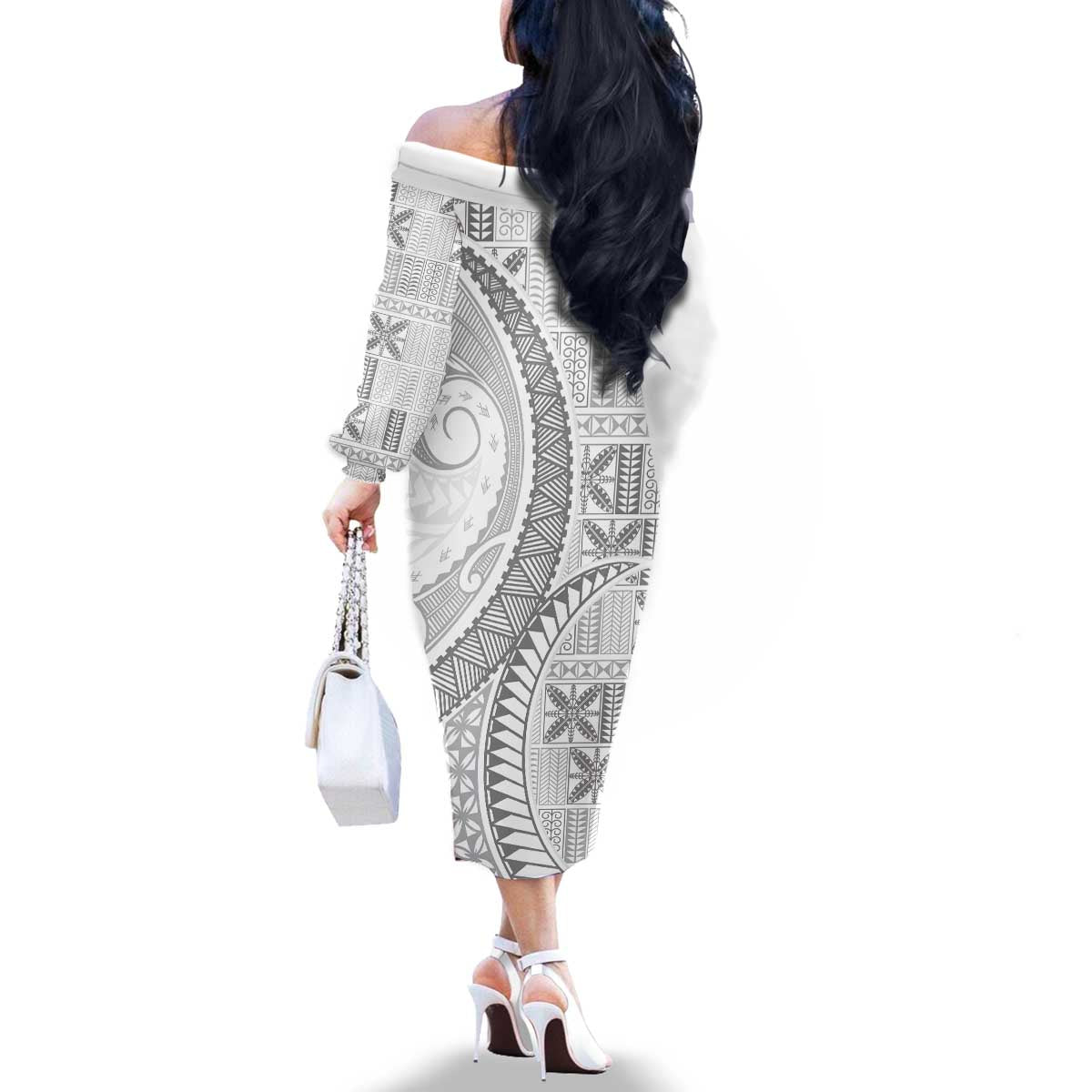 Niue White Sunday Family Matching Off The Shoulder Long Sleeve Dress and Hawaiian Shirt Niuean Lotu Tamaiti Hiapo Pattern LT9 - Polynesian Pride