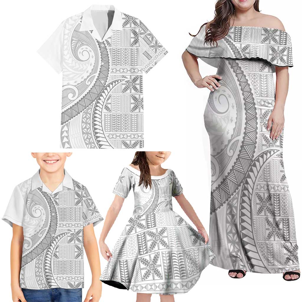 Niue White Sunday Family Matching Off Shoulder Maxi Dress and Hawaiian Shirt Niuean Lotu Tamaiti Hiapo Pattern LT9 - Polynesian Pride