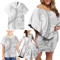 Niue White Sunday Family Matching Off Shoulder Short Dress and Hawaiian Shirt Niuean Lotu Tamaiti Hiapo Pattern LT9 - Polynesian Pride
