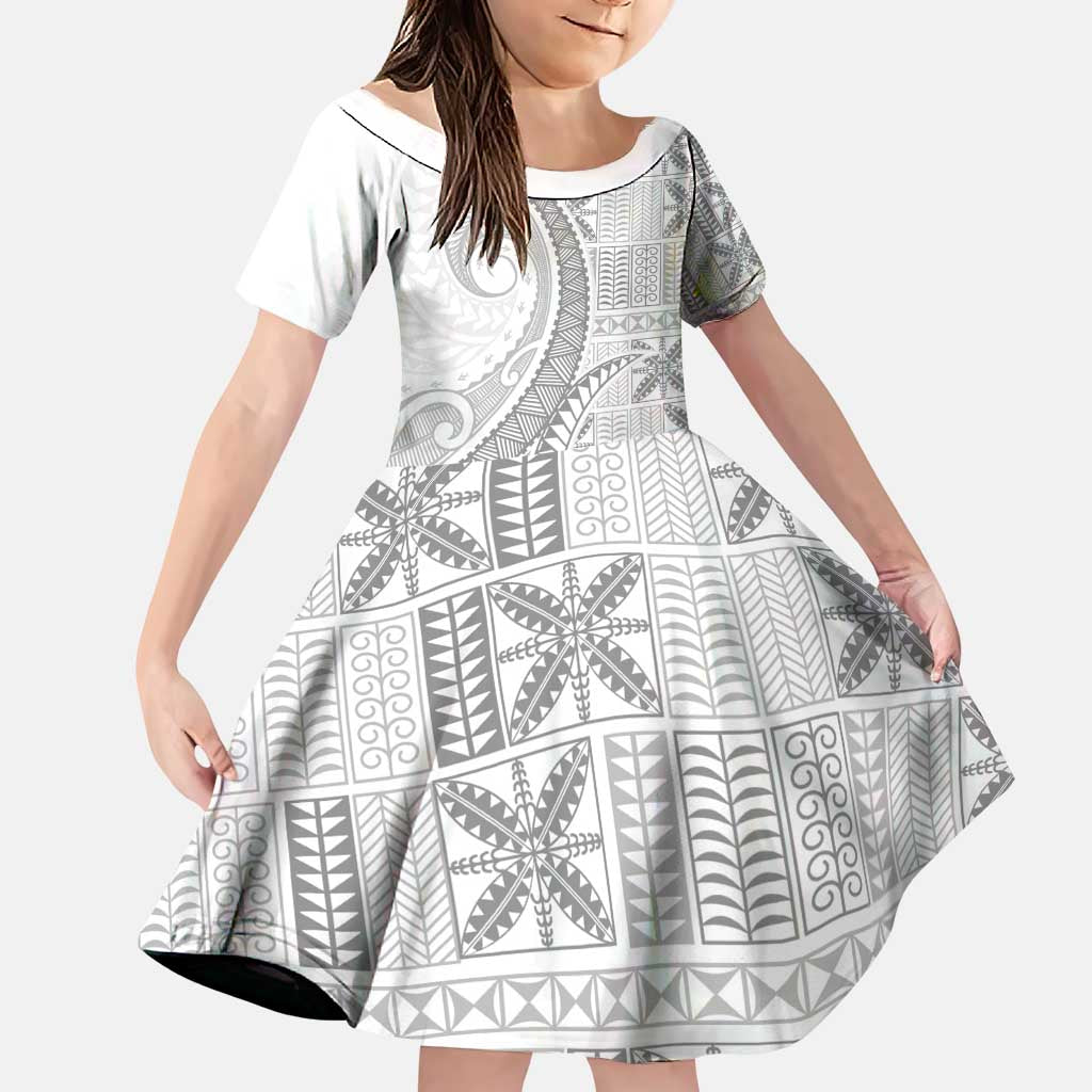 Niue White Sunday Family Matching Puletasi and Hawaiian Shirt Niuean Lotu Tamaiti Hiapo Pattern LT9 Daughter's Dress White - Polynesian Pride
