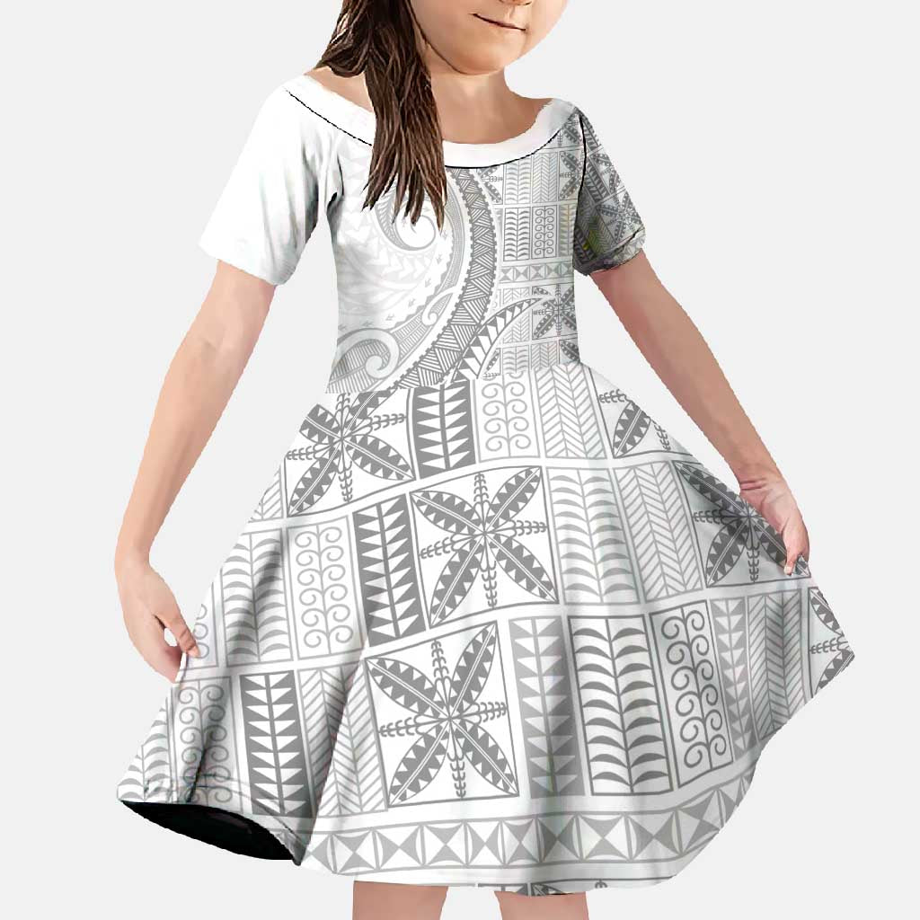 Niue White Sunday Family Matching Summer Maxi Dress and Hawaiian Shirt Niuean Lotu Tamaiti Hiapo Pattern LT9 Daughter's Dress White - Polynesian Pride