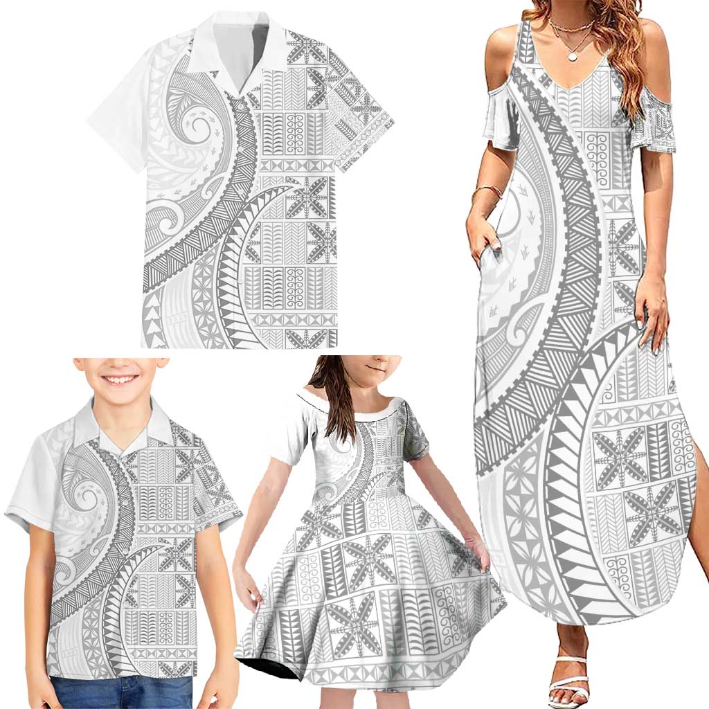 Niue White Sunday Family Matching Summer Maxi Dress and Hawaiian Shirt Niuean Lotu Tamaiti Hiapo Pattern LT9 - Polynesian Pride