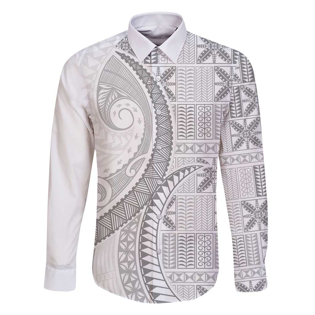 Niue White Sunday Family Matching Summer Maxi Dress and Hawaiian Shirt Niuean Lotu Tamaiti Hiapo Pattern LT9 Dad's Shirt - Long Sleeve White - Polynesian Pride