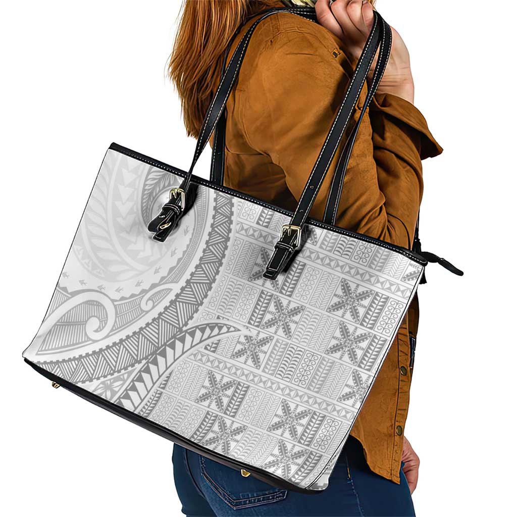 Niue White Sunday Leather Tote Bag Niuean Lotu Tamaiti Hiapo Pattern - Polynesian Pride
