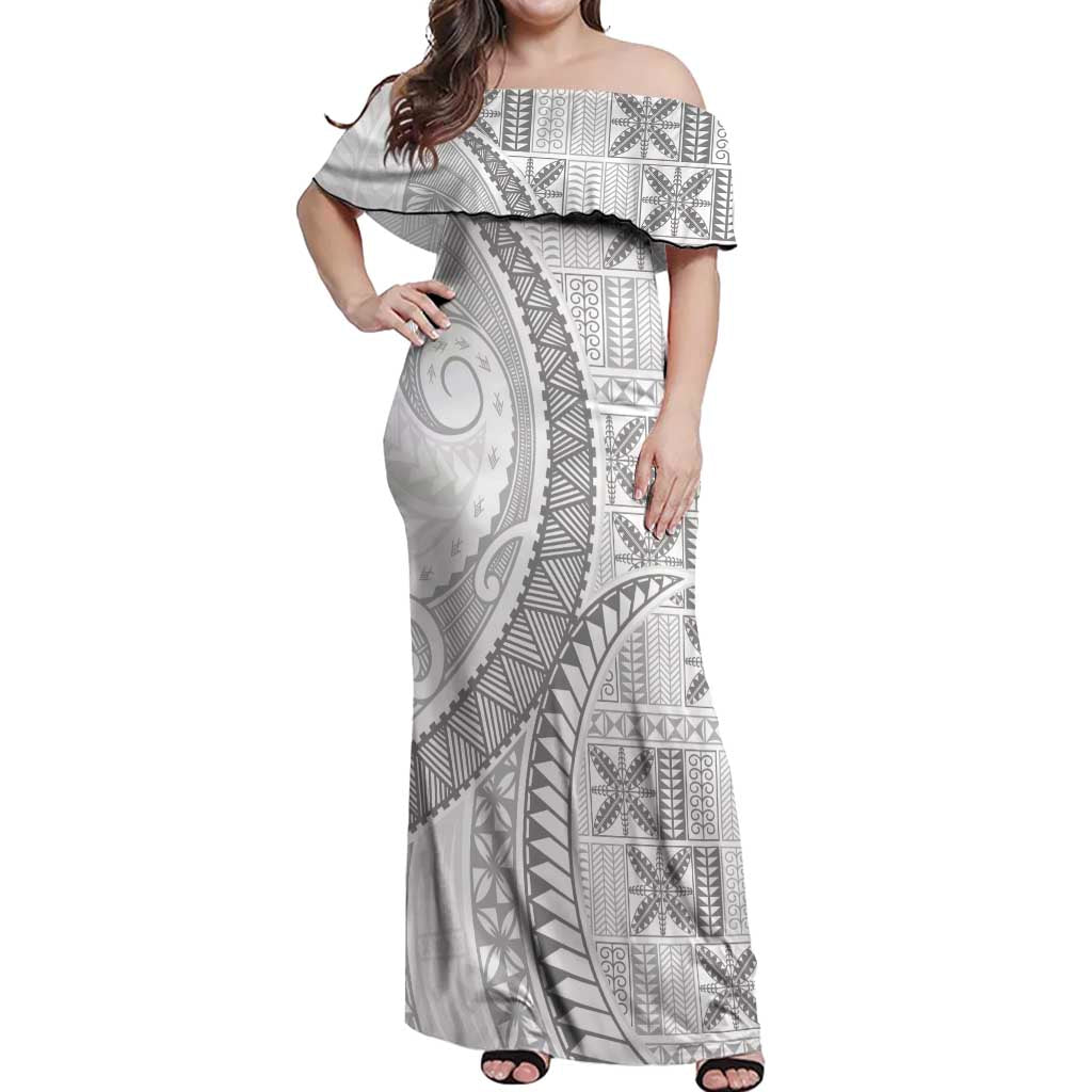 Niue White Sunday Off Shoulder Maxi Dress Niuean Lotu Tamaiti Hiapo Pattern - Polynesian Pride