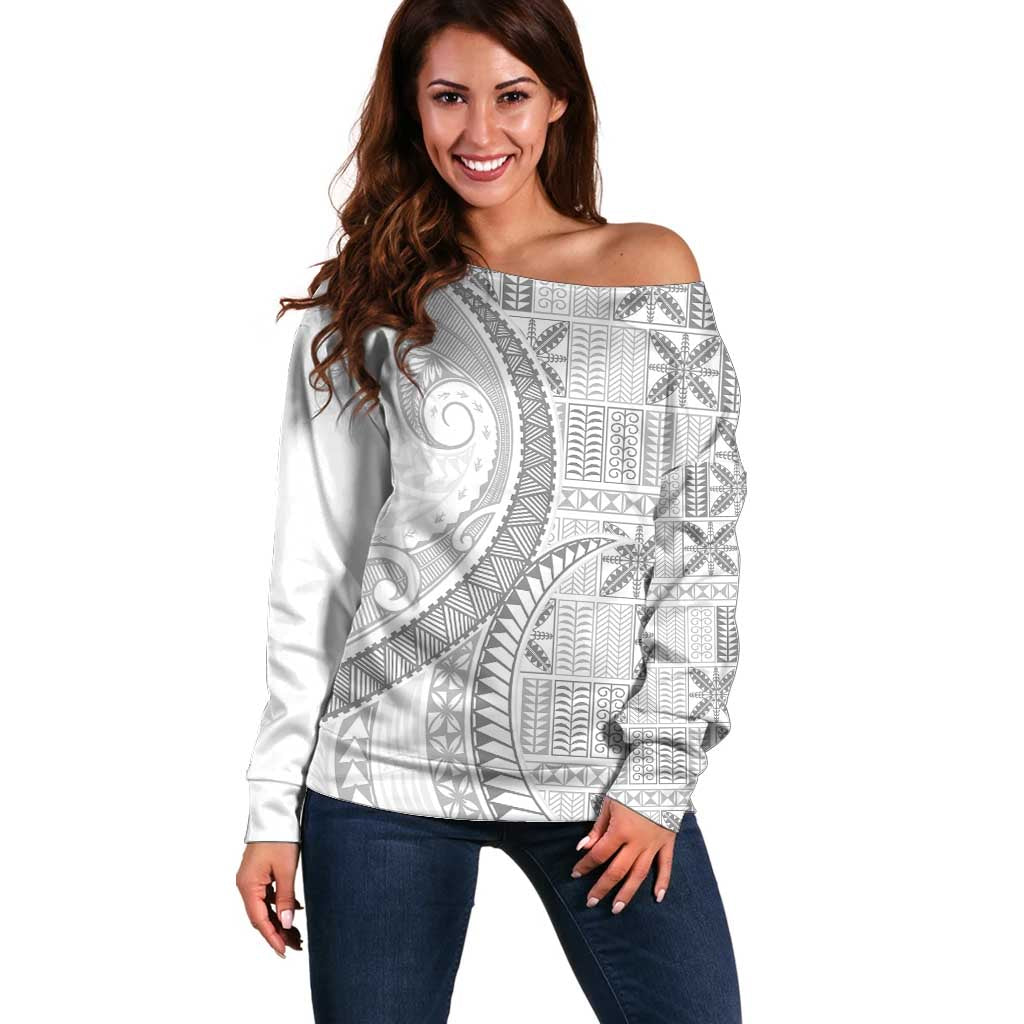 Niue White Sunday Off Shoulder Sweater Niuean Lotu Tamaiti Hiapo Pattern LT9 Women White - Polynesian Pride