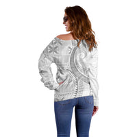 Niue White Sunday Off Shoulder Sweater Niuean Lotu Tamaiti Hiapo Pattern LT9 - Polynesian Pride