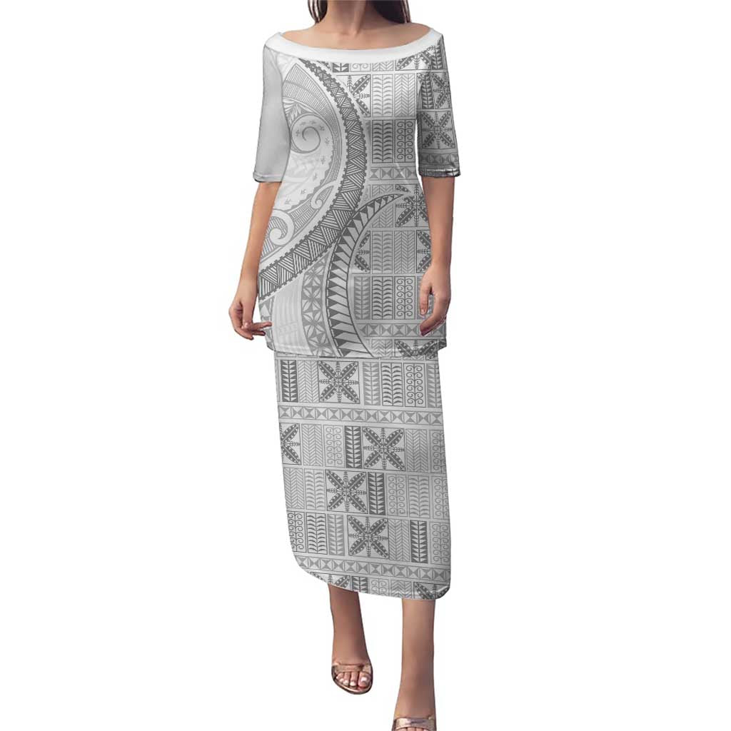 Niue White Sunday Puletasi Niuean Lotu Tamaiti Hiapo Pattern LT9 Long Dress White - Polynesian Pride