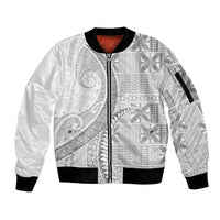 Niue White Sunday Sleeve Zip Bomber Jacket Niuean Lotu Tamaiti Hiapo Pattern LT9 Unisex White - Polynesian Pride