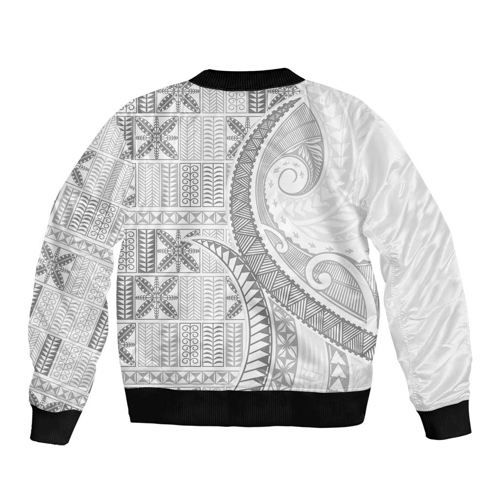 Niue White Sunday Sleeve Zip Bomber Jacket Niuean Lotu Tamaiti Hiapo Pattern LT9 - Polynesian Pride