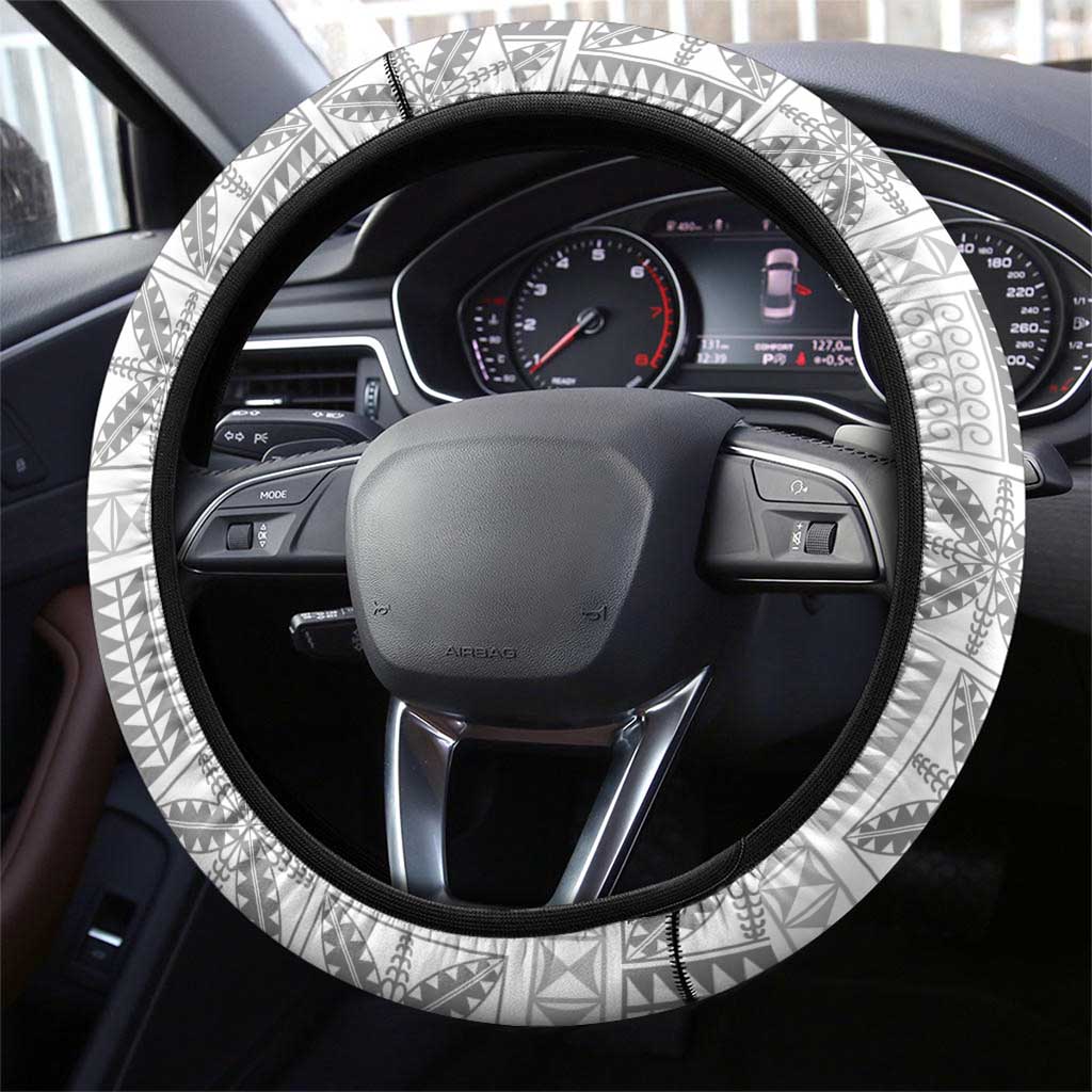 Niue White Sunday Steering Wheel Cover Niuean Lotu Tamaiti Hiapo Pattern - Polynesian Pride