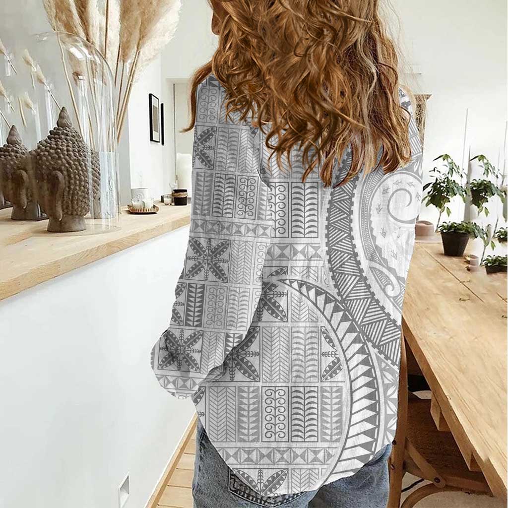 Niue White Sunday Women Casual Shirt Niuean Lotu Tamaiti Hiapo Pattern - Polynesian Pride