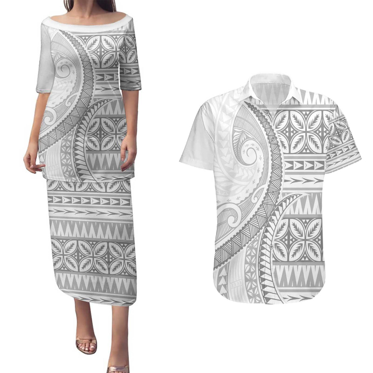 Polynesian White Sunday Couples Matching Puletasi and Hawaiian Shirt Lotu Tamaiti Melanesian Pattern LT9 White - Polynesian Pride