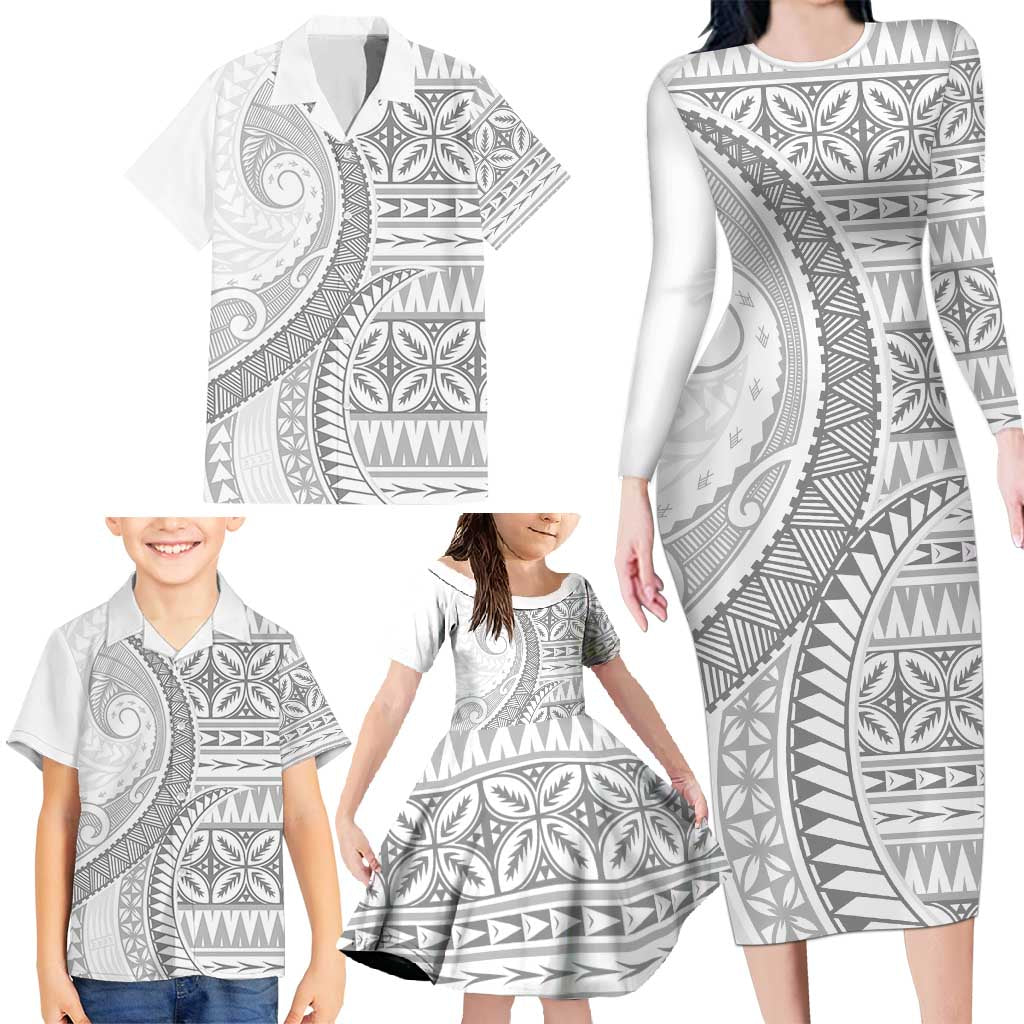 Polynesian White Sunday Family Matching Long Sleeve Bodycon Dress and Hawaiian Shirt Lotu Tamaiti Melanesian Pattern LT9 - Polynesian Pride