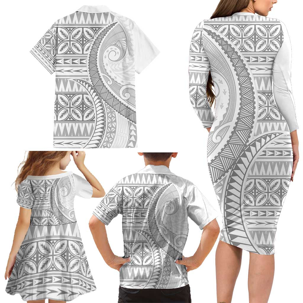 Polynesian White Sunday Family Matching Long Sleeve Bodycon Dress and Hawaiian Shirt Lotu Tamaiti Melanesian Pattern LT9 - Polynesian Pride