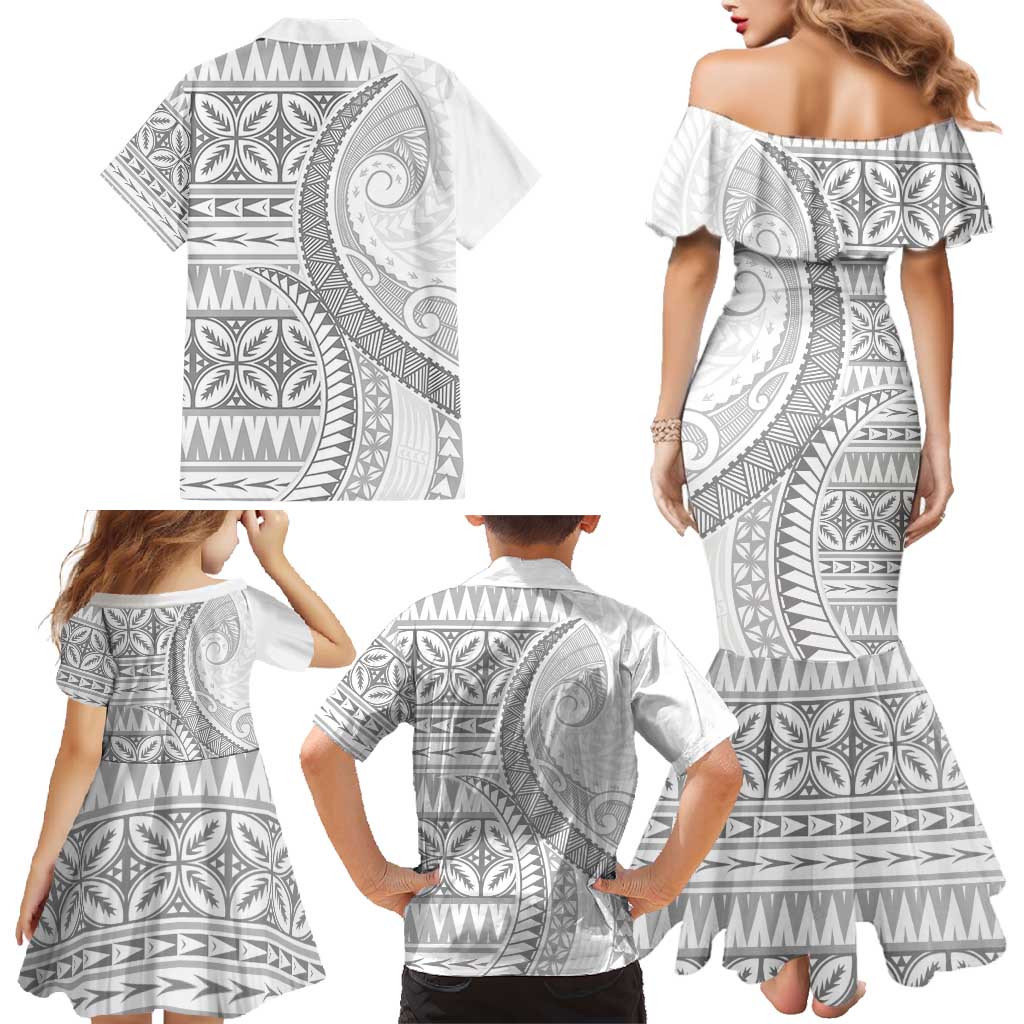 Polynesian White Sunday Family Matching Mermaid Dress and Hawaiian Shirt Lotu Tamaiti Melanesian Pattern LT9 - Polynesian Pride