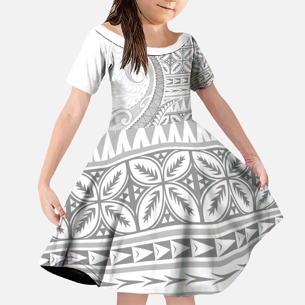 Polynesian White Sunday Family Matching Off The Shoulder Long Sleeve Dress and Hawaiian Shirt Lotu Tamaiti Melanesian Pattern LT9 Daughter's Dress White - Polynesian Pride