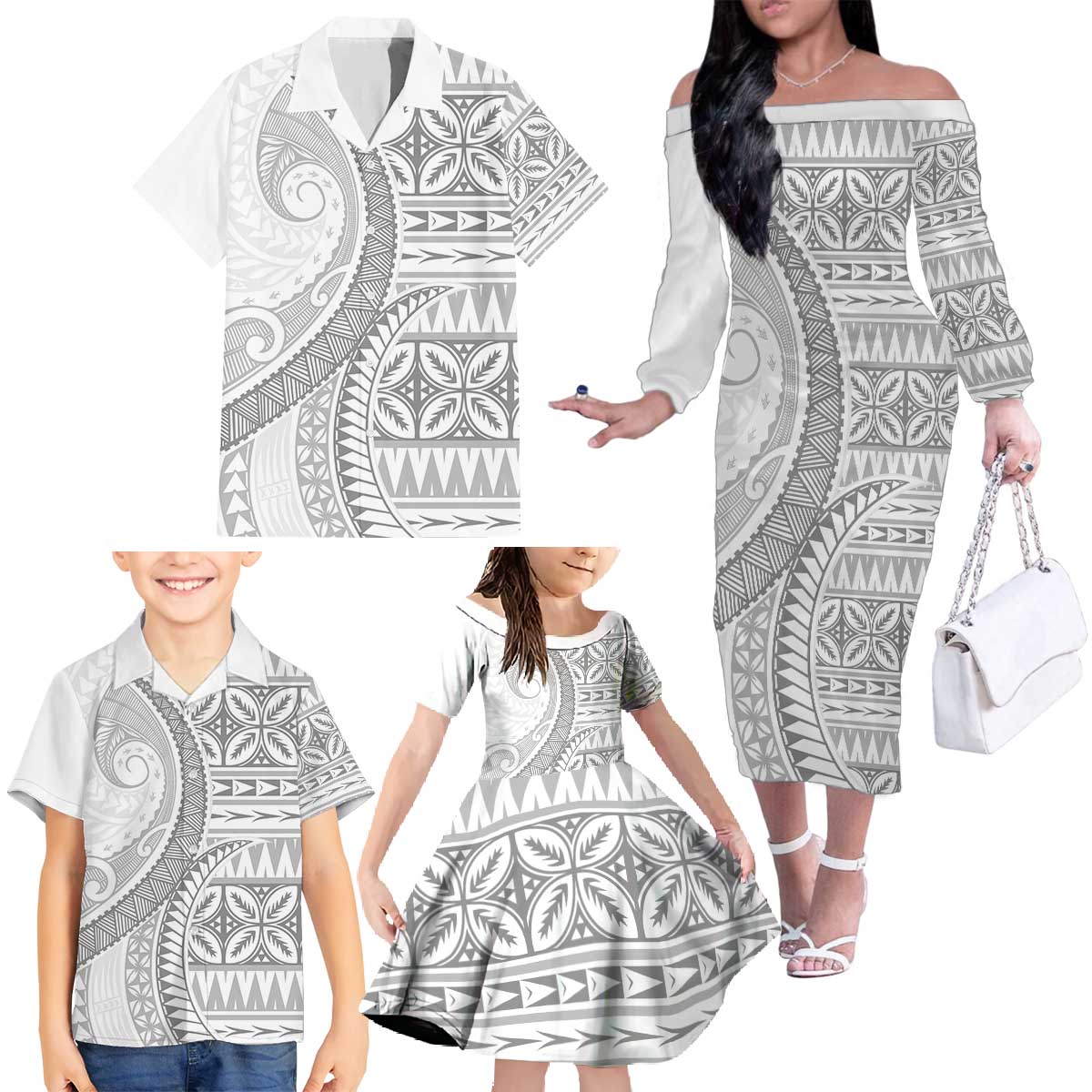 Polynesian White Sunday Family Matching Off The Shoulder Long Sleeve Dress and Hawaiian Shirt Lotu Tamaiti Melanesian Pattern LT9 - Polynesian Pride