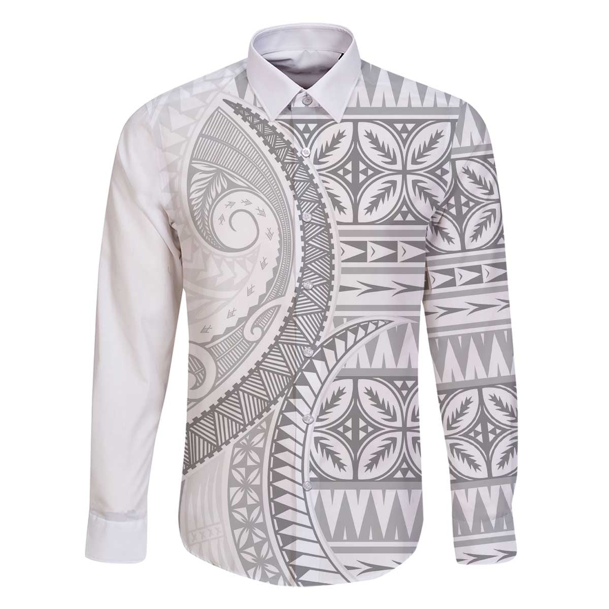 Polynesian White Sunday Family Matching Off The Shoulder Long Sleeve Dress and Hawaiian Shirt Lotu Tamaiti Melanesian Pattern LT9 Dad's Shirt - Long Sleeve White - Polynesian Pride