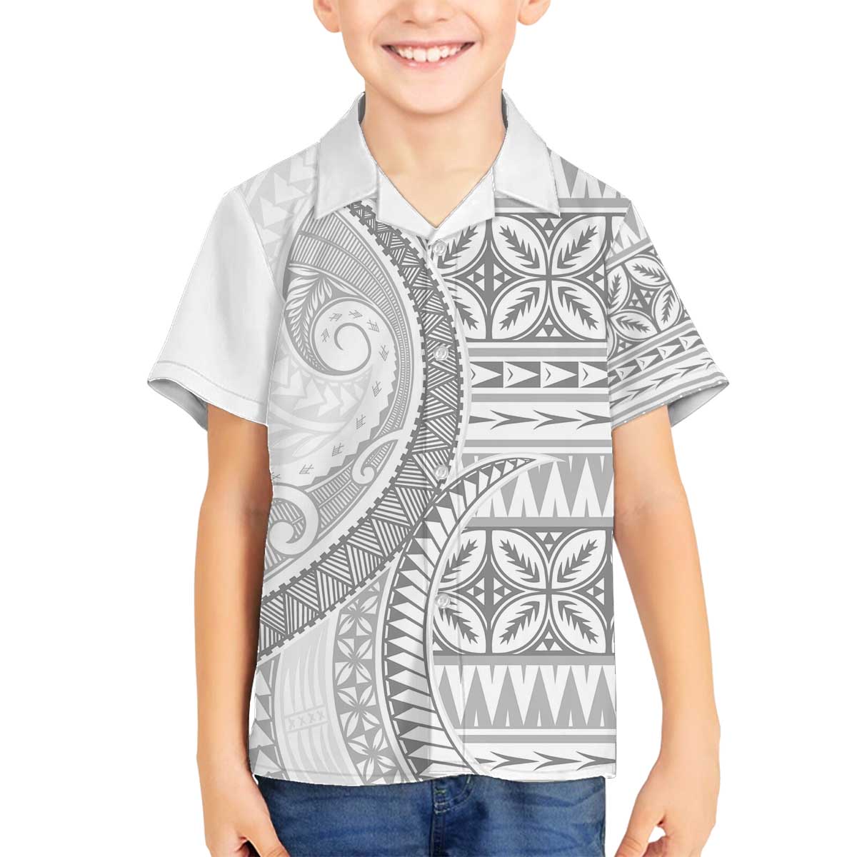 Polynesian White Sunday Family Matching Off The Shoulder Long Sleeve Dress and Hawaiian Shirt Lotu Tamaiti Melanesian Pattern LT9 Son's Shirt White - Polynesian Pride