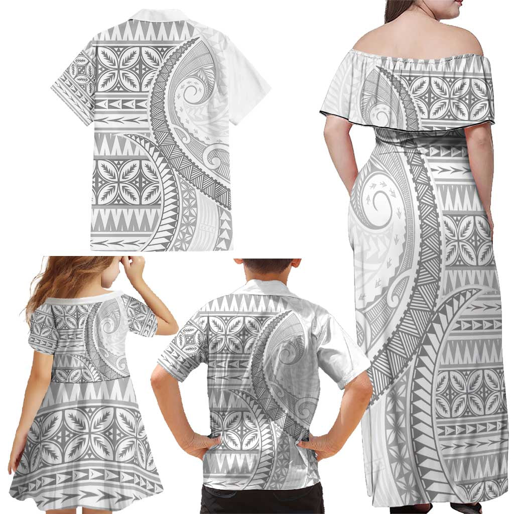 Polynesian White Sunday Family Matching Off Shoulder Maxi Dress and Hawaiian Shirt Lotu Tamaiti Melanesian Pattern LT9 - Polynesian Pride