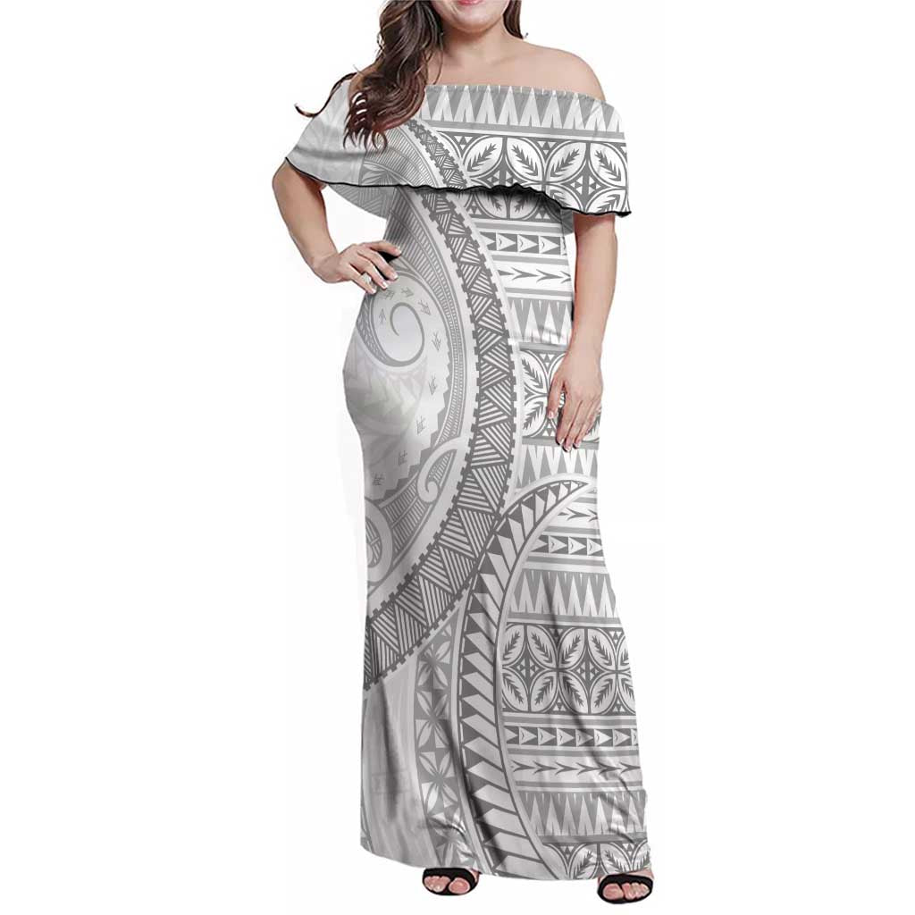 Polynesian White Sunday Family Matching Off Shoulder Maxi Dress and Hawaiian Shirt Lotu Tamaiti Melanesian Pattern LT9 Mom's Dress White - Polynesian Pride
