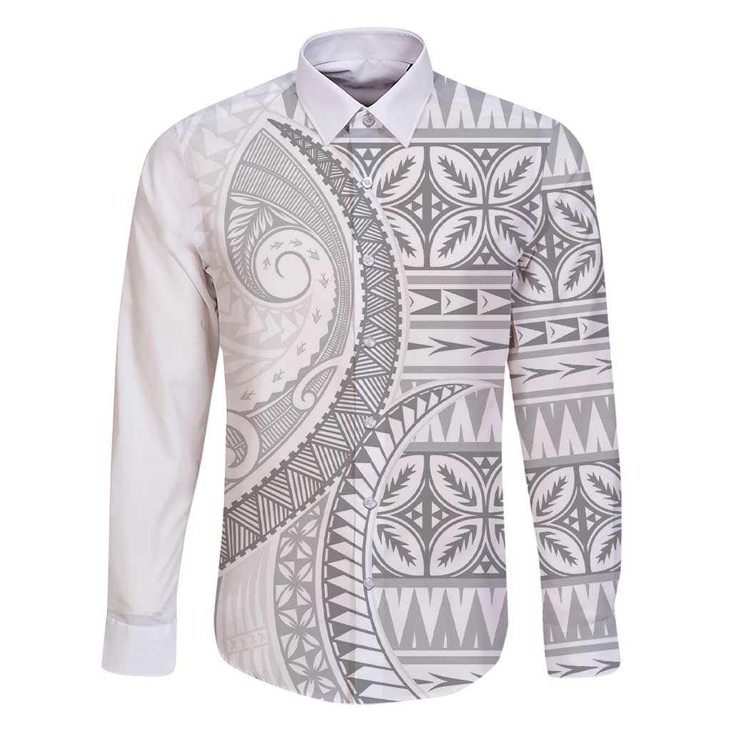 Polynesian White Sunday Family Matching Short Sleeve Bodycon Dress and Hawaiian Shirt Lotu Tamaiti Melanesian Pattern LT9 Dad's Shirt - Long Sleeve White - Polynesian Pride