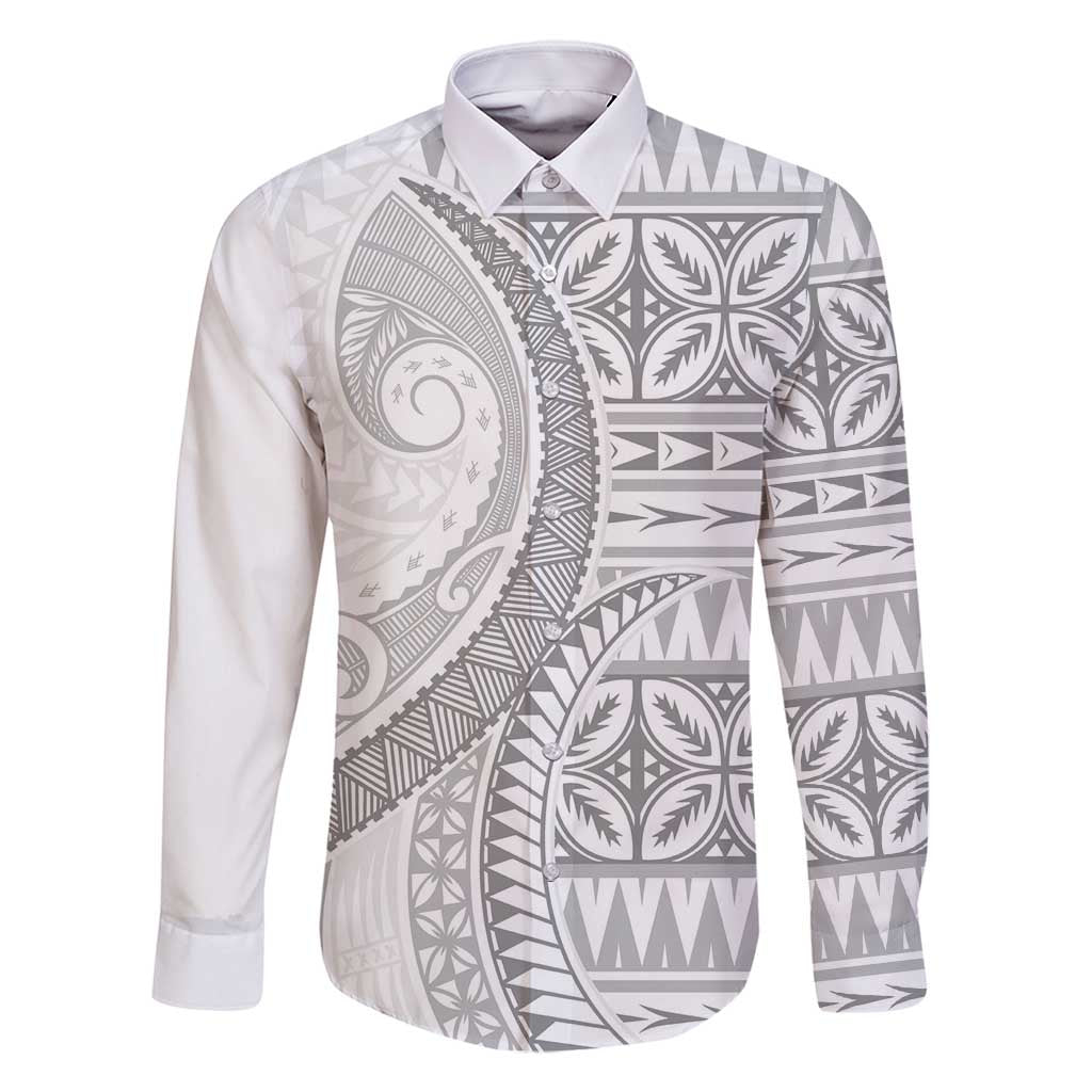 Polynesian White Sunday Family Matching Summer Maxi Dress and Hawaiian Shirt Lotu Tamaiti Melanesian Pattern LT9 Dad's Shirt - Long Sleeve White - Polynesian Pride