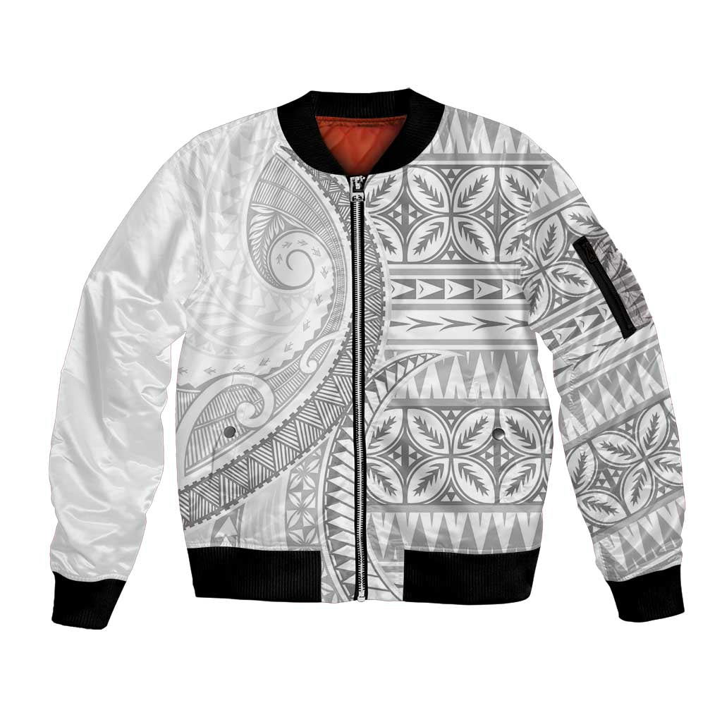 Polynesian White Sunday Sleeve Zip Bomber Jacket Lotu Tamaiti Melanesian Pattern LT9 Unisex White - Polynesian Pride