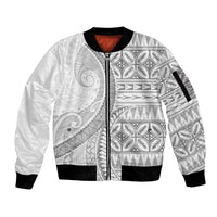 Polynesian White Sunday Sleeve Zip Bomber Jacket Lotu Tamaiti Melanesian Pattern LT9 Unisex White - Polynesian Pride