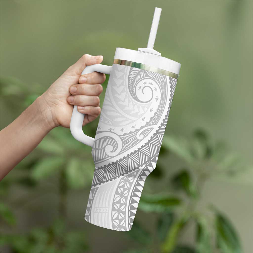 Polynesian White Sunday Tumbler With Handle Lotu Tamaiti Melanesian Pattern LT9 - Polynesian Pride