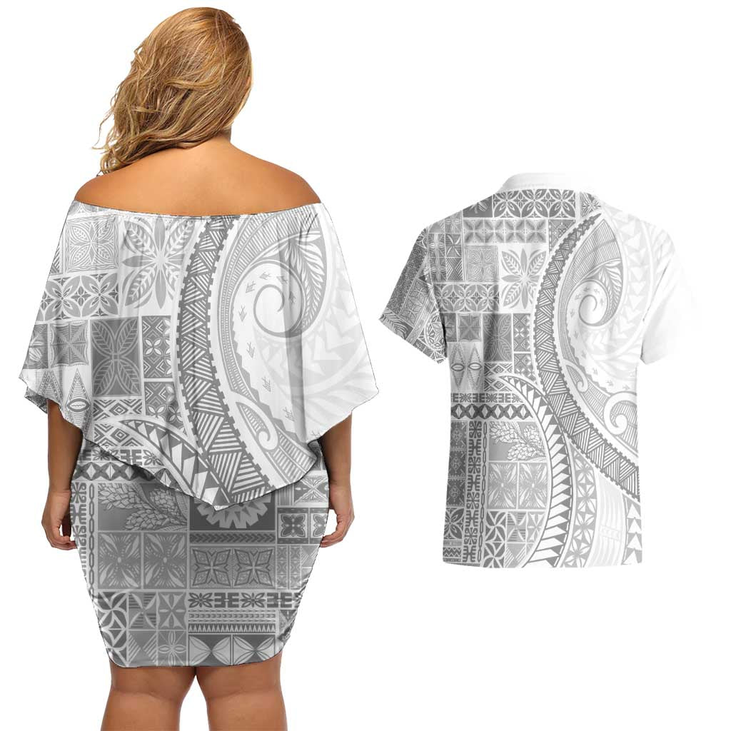 Samoa Siapo White Sunday Couples Matching Off Shoulder Short Dress and Hawaiian Shirt Lotu Tamaiti Polynesian White Pattern - Polynesian Pride