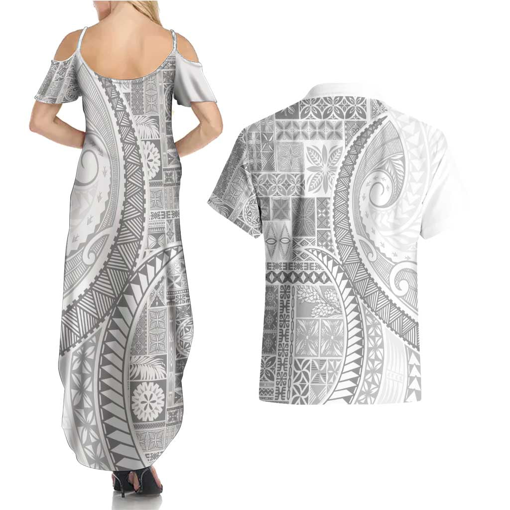 Samoa Siapo White Sunday Couples Matching Summer Maxi Dress and Hawaiian Shirt Lotu Tamaiti Polynesian White Pattern - Polynesian Pride