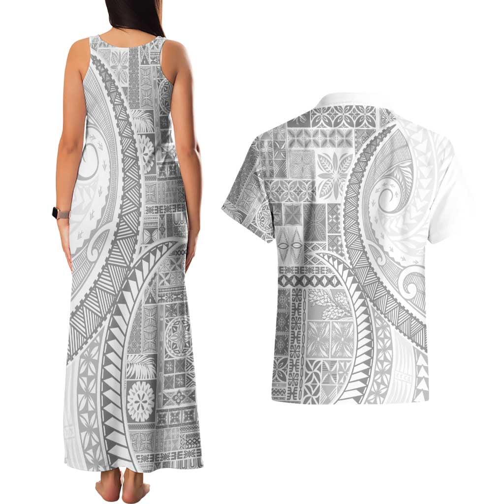 Samoa Siapo White Sunday Couples Matching Tank Maxi Dress and Hawaiian Shirt Lotu Tamaiti Polynesian White Pattern - Polynesian Pride