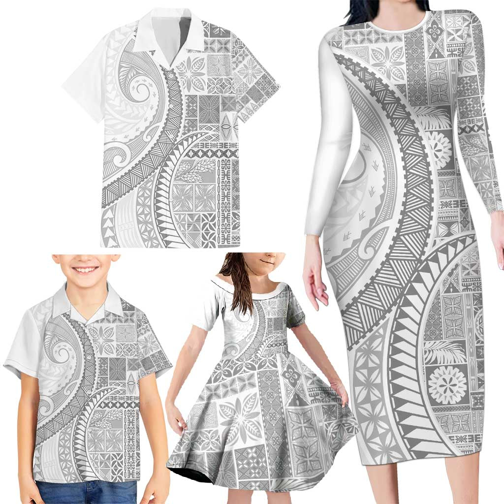 Samoa Siapo White Sunday Family Matching Long Sleeve Bodycon Dress and Hawaiian Shirt Lotu Tamaiti Polynesian White Pattern LT9 - Polynesian Pride