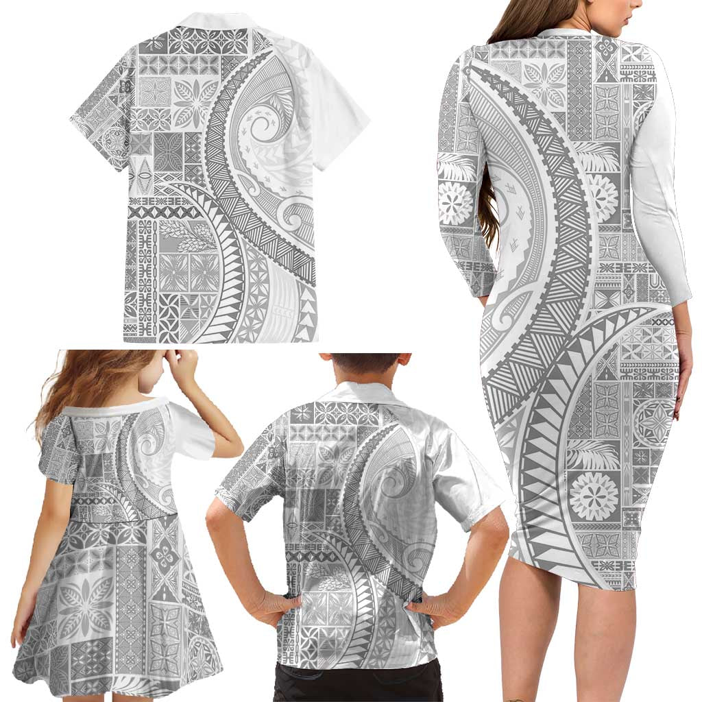 Samoa Siapo White Sunday Family Matching Long Sleeve Bodycon Dress and Hawaiian Shirt Lotu Tamaiti Polynesian White Pattern LT9 - Polynesian Pride
