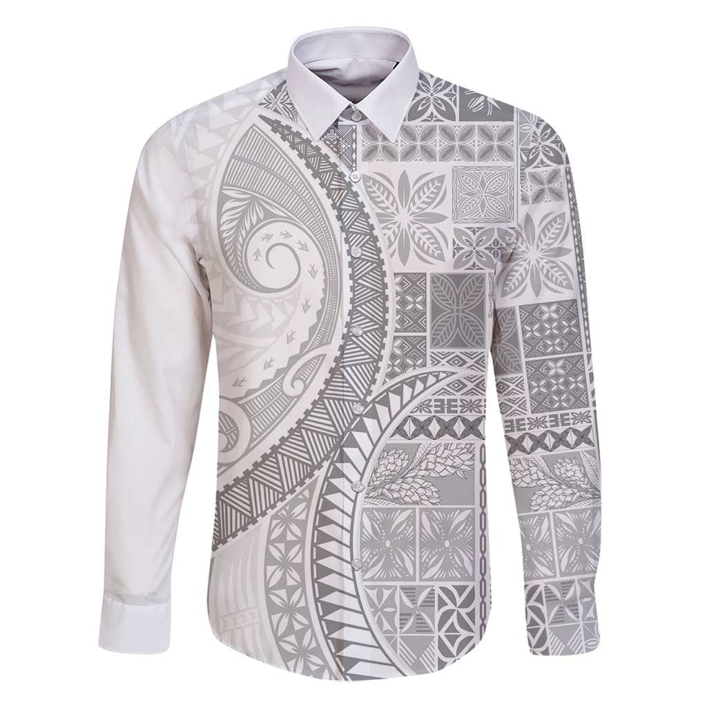 Samoa Siapo White Sunday Family Matching Long Sleeve Bodycon Dress and Hawaiian Shirt Lotu Tamaiti Polynesian White Pattern LT9 Dad's Shirt - Long Sleeve White - Polynesian Pride