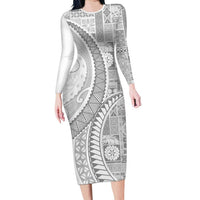 Samoa Siapo White Sunday Family Matching Long Sleeve Bodycon Dress and Hawaiian Shirt Lotu Tamaiti Polynesian White Pattern LT9 Mom's Dress White - Polynesian Pride