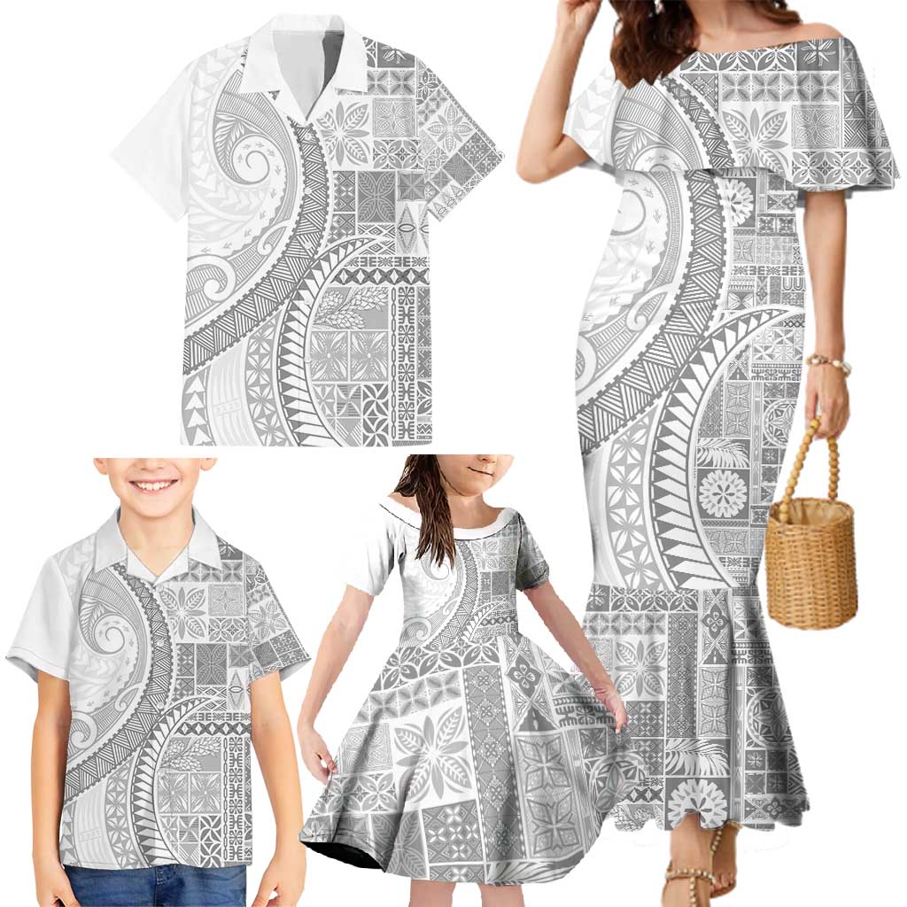 Samoa Siapo White Sunday Family Matching Mermaid Dress and Hawaiian Shirt Lotu Tamaiti Polynesian White Pattern LT9 - Polynesian Pride