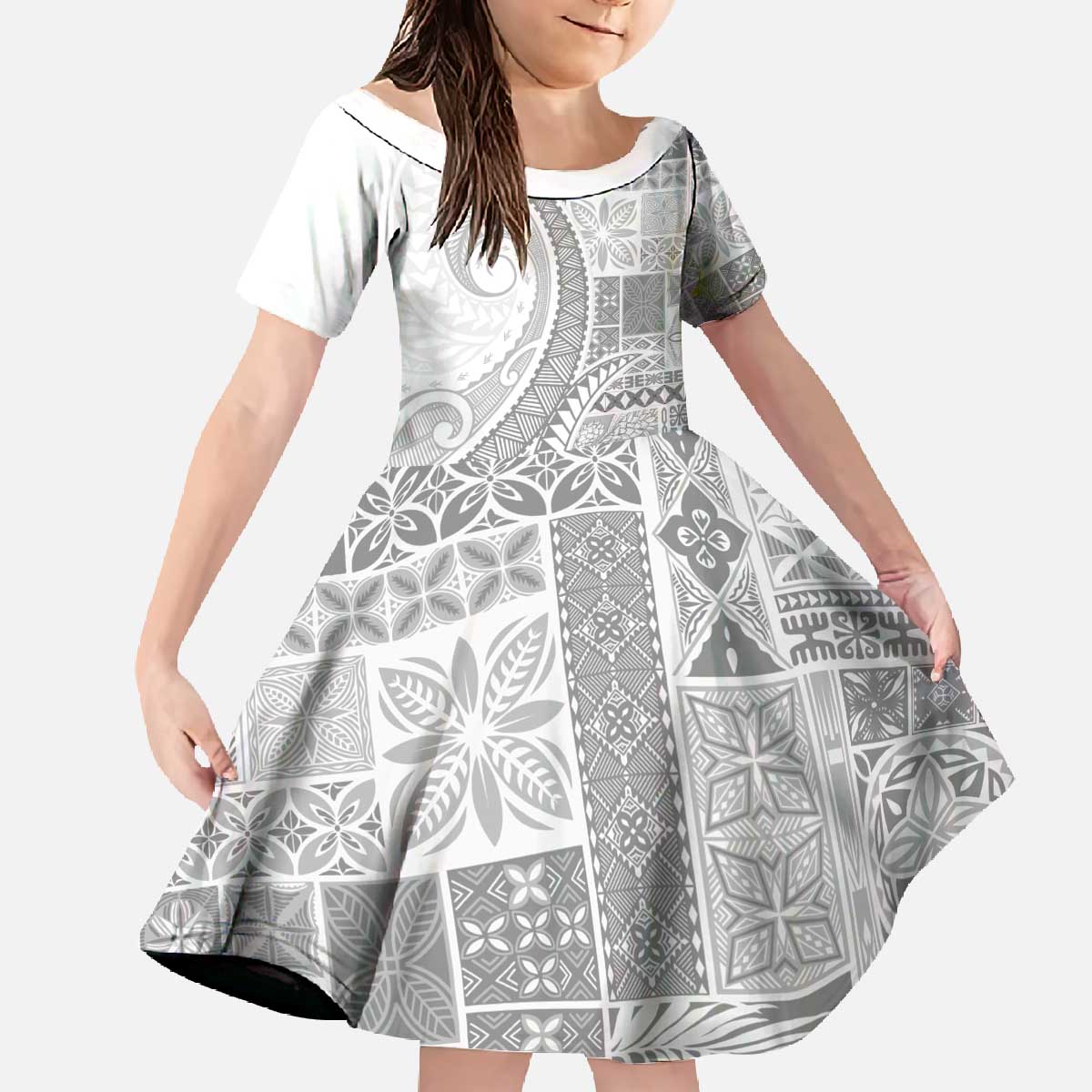 Samoa Siapo White Sunday Family Matching Off The Shoulder Long Sleeve Dress and Hawaiian Shirt Lotu Tamaiti Polynesian White Pattern LT9 Daughter's Dress White - Polynesian Pride